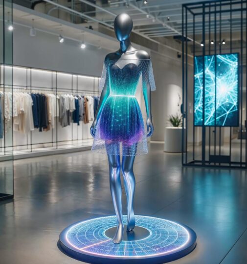 Mannequin getoond in een futuristische jurk met futuristische ontwerpelementen, die innovatieve modetrends tentoonstelt. 3D Design Thumbnail for Digital Garments.