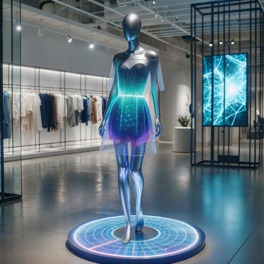 Mannequin getoond in een futuristische jurk met futuristische ontwerpelementen, die innovatieve modetrends tentoonstelt. 3D Design Thumbnail for Digital Garments.